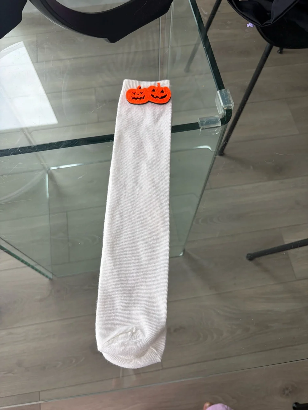 White Knee-High Socks with Orange Pumpkin Appliqué